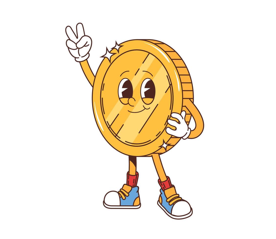 Retro groovy coin character giving a peace sign vector