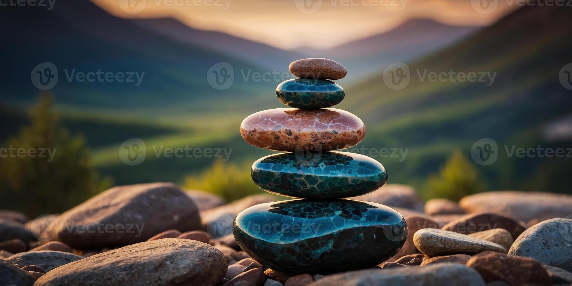 Perfectly balanced stones making a stack in a mountain landscape at sunset photo