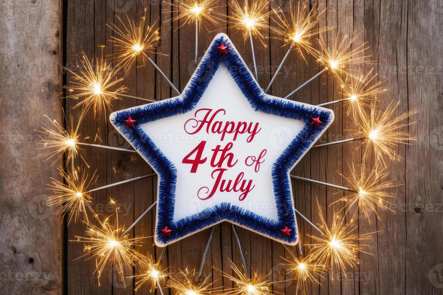Happy 4th of july star with sparklers on rustic wood background photo