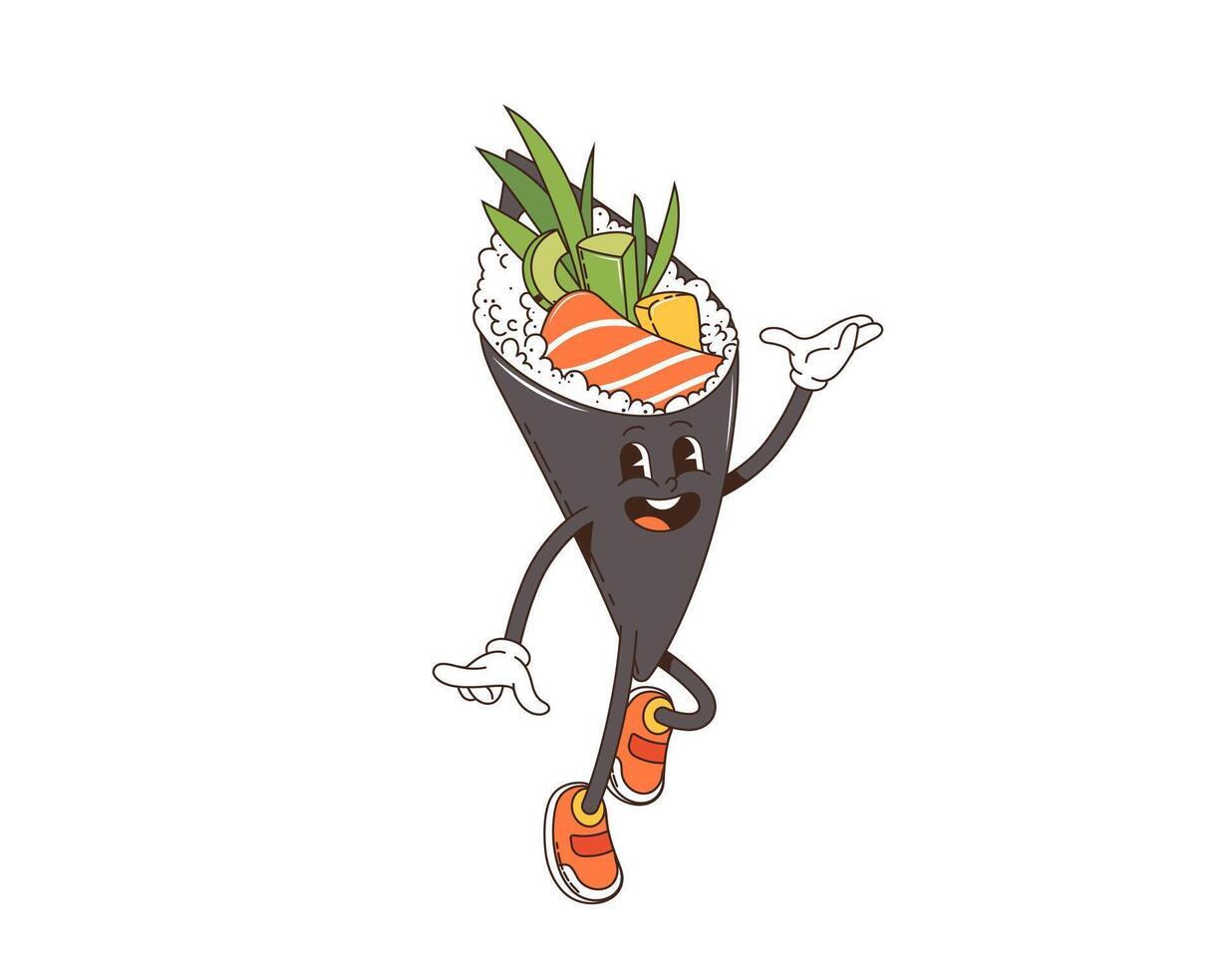 Cartoon retro groovy temaki sushi funny character vector