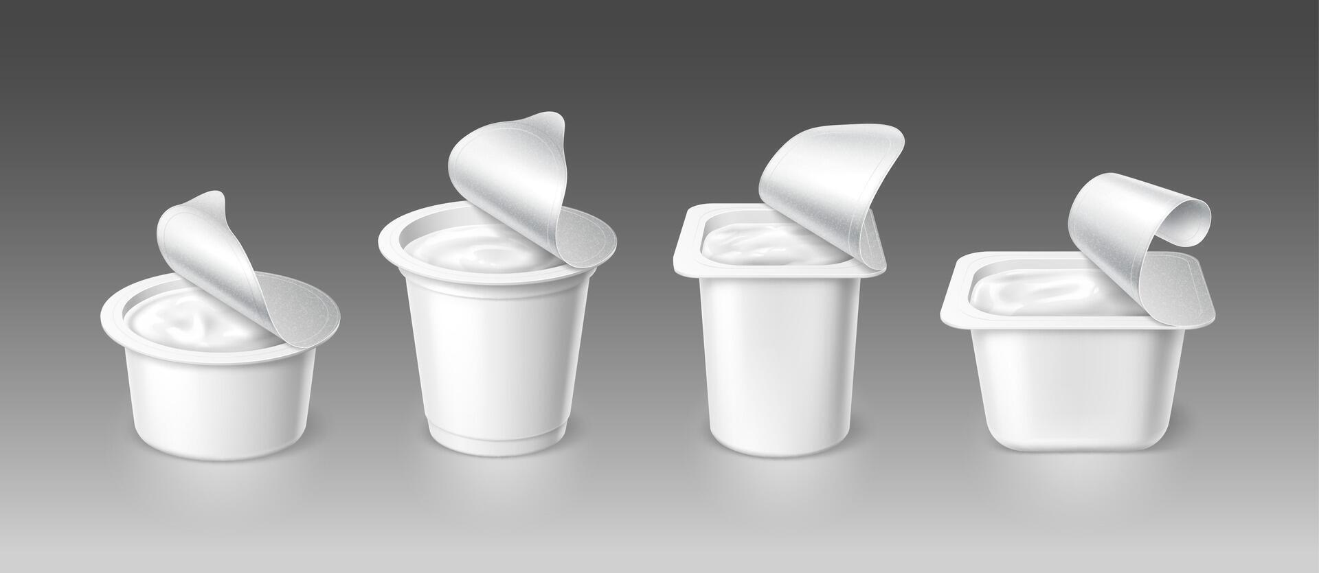 Open yogurt cups, realistic container packages vector