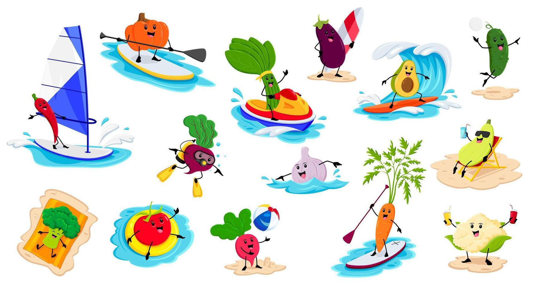Cartoon cheerful vegetable character on the beach vector