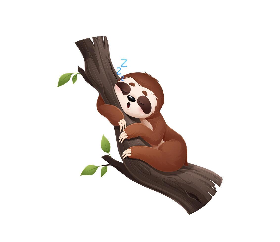 Cartoon lazy sloth animal character sleeps on tree vector