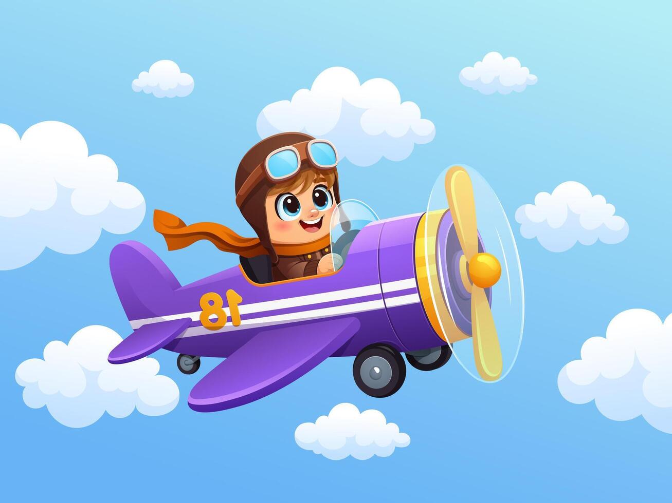Kid flying on plane in sky clouds, boy on airplane vector