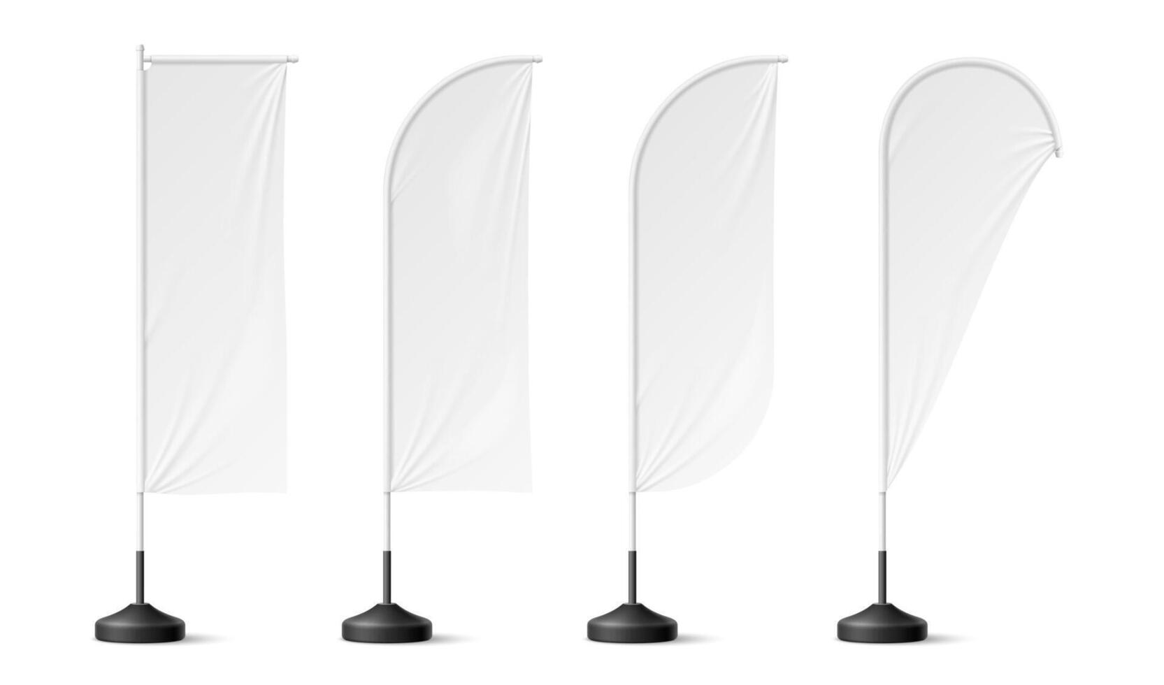 Realistic beach flags, white banner stand mockup vector