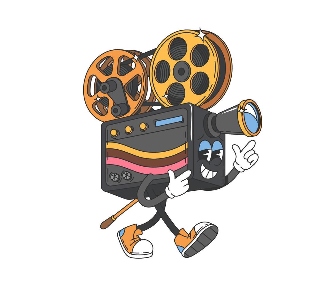 Groovy movie camera isolated cartoon character vector