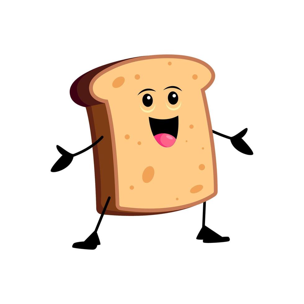 Cartoon funny bread toast character, quirky bakery vector
