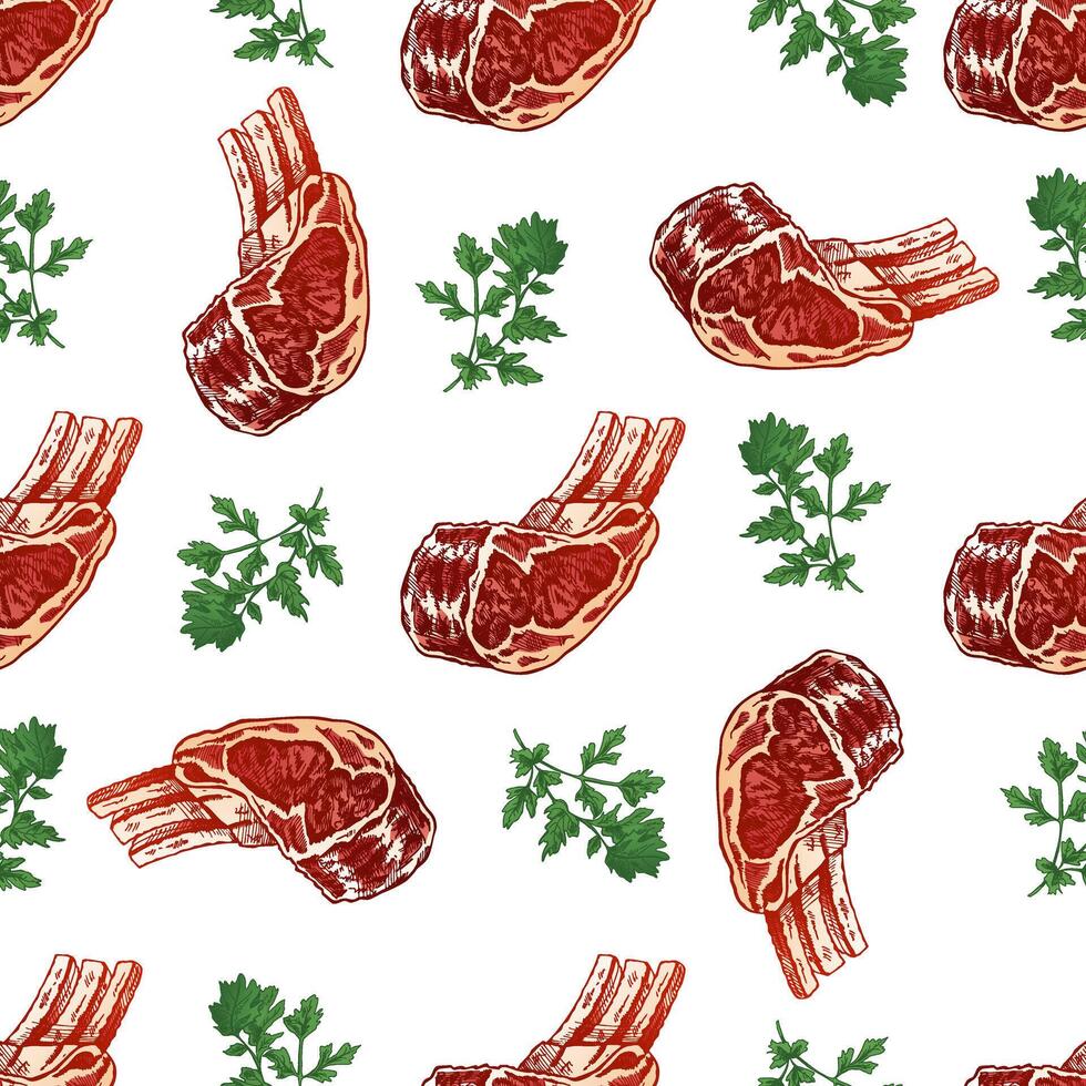 Hand-drawn seamless pattern of beef steak with greens, piece of meat on the bone. Doodle vintage sketch illustration. Decorations for the menu of cafes and labels. Engraved image. vector