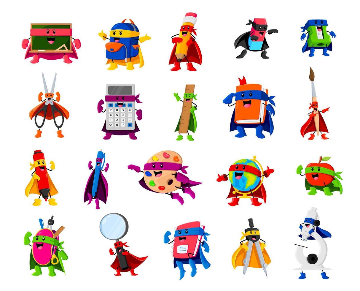 Cartoon school supply superhero and defenders vector
