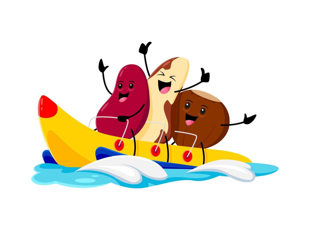 Cartoon cheerful nuts and beans riding banana boat vector
