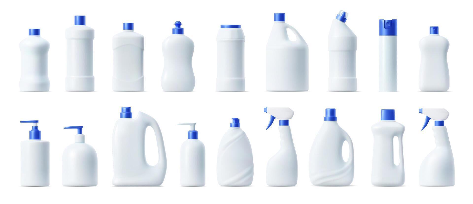 Detergent clean product plastic bottles mockup set vector