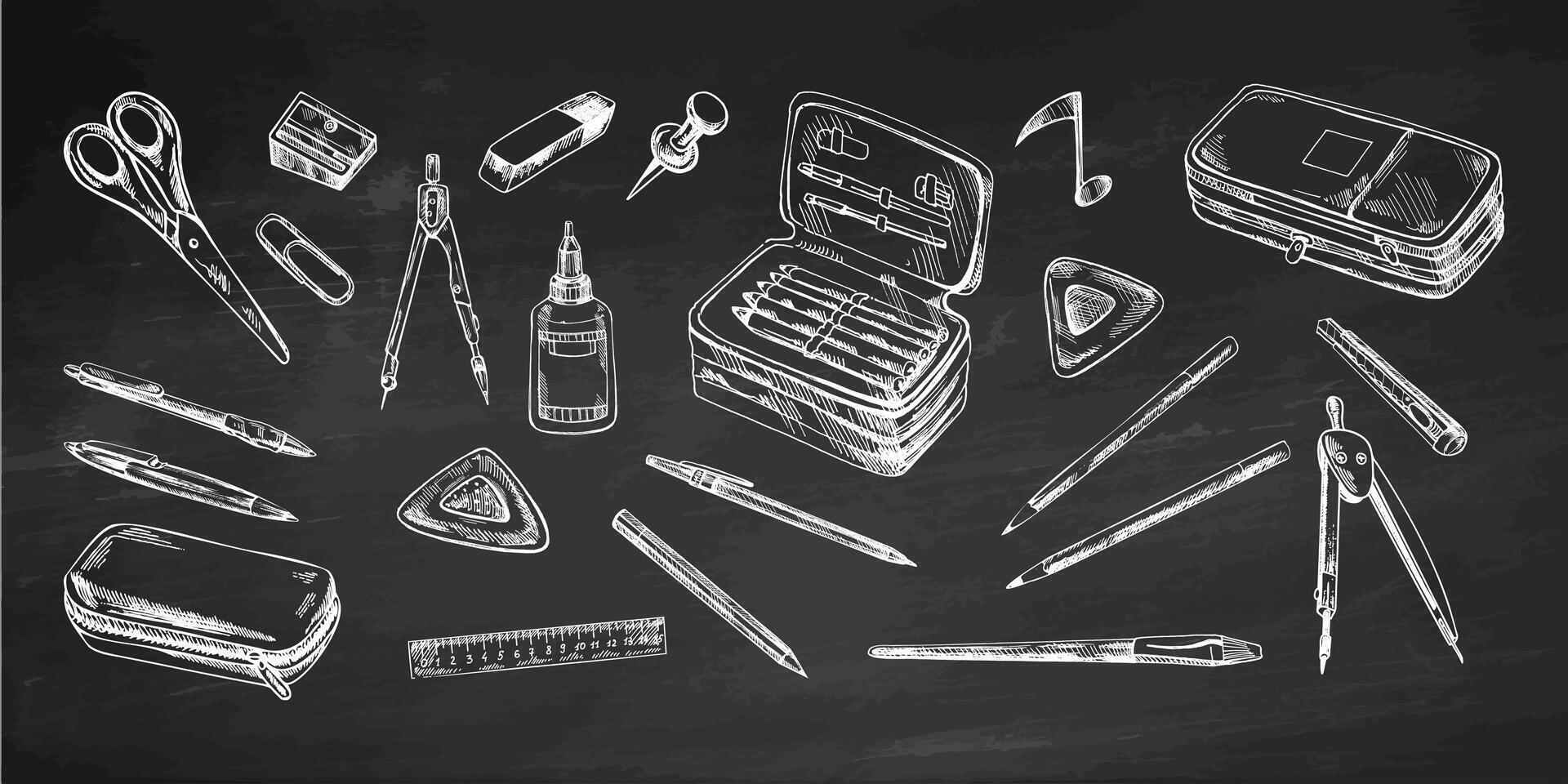 Back to School, hand drawn school supplies - big sketch set. Doodle object collection. Education Concept. Vintage sketch elements on chalkboard background. Back to School. vector