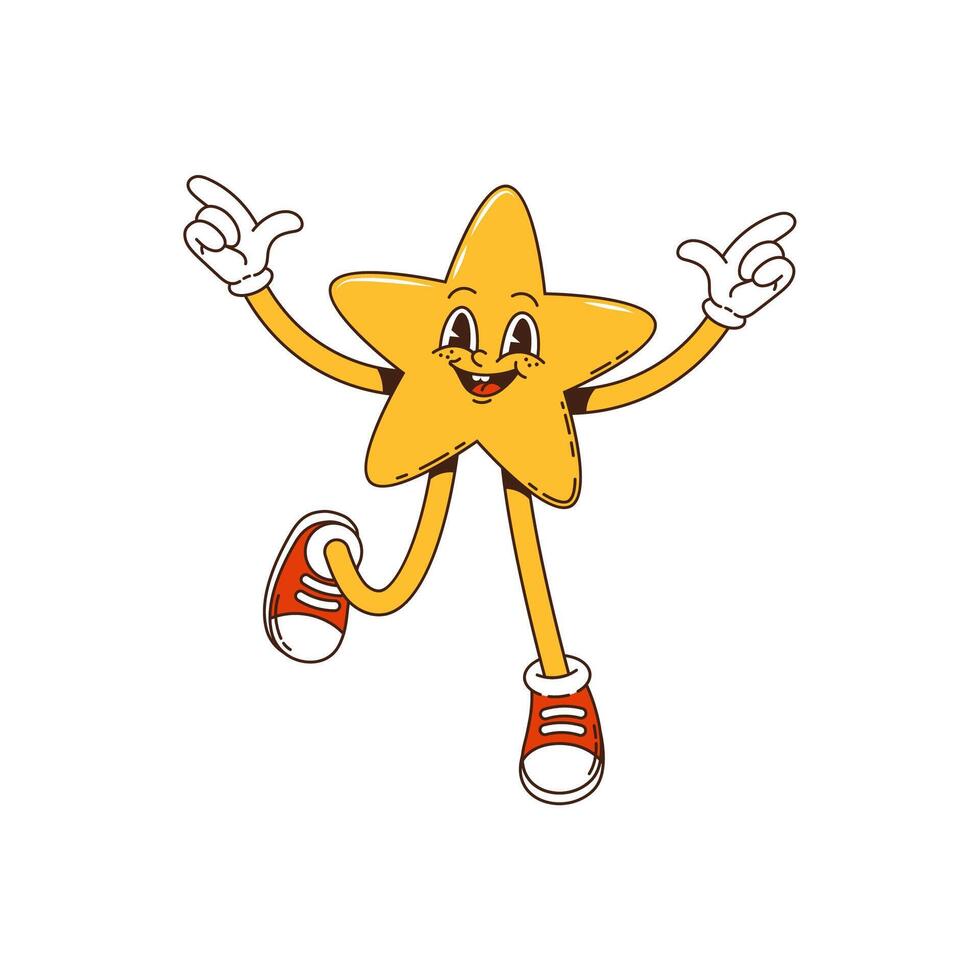 Groovy cartoon star character, hippie comic art vector