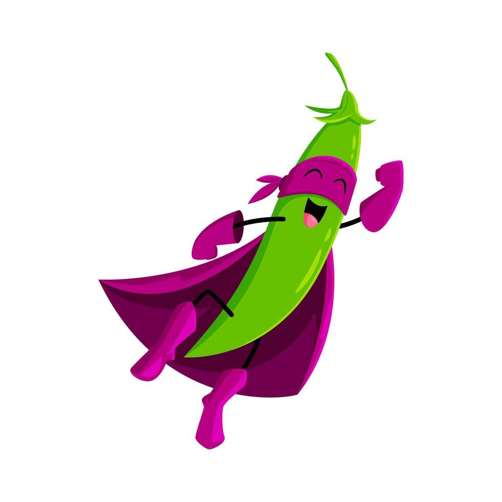 Cartoon pea pod vegetable flying hero character vector