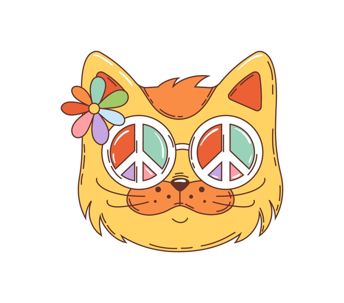 Cartoon groovy hippie cat, retro kitten character vector