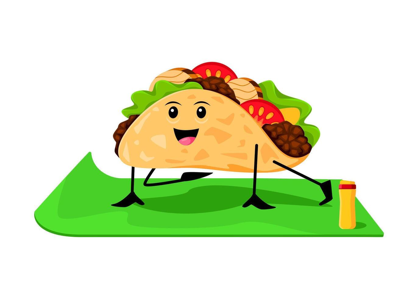 Cartoon fast food tacos cute character on yoga vector