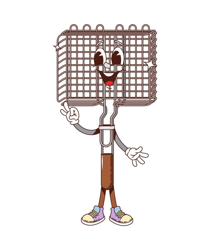 Grill rack retro groovy cartoon barbeque character vector