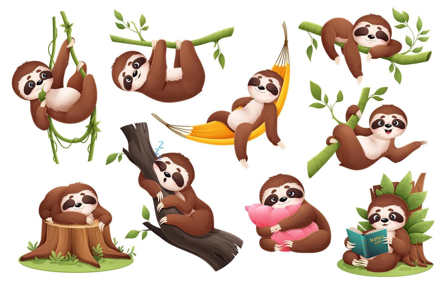 Cartoon cute lazy sloth animal characters on trees vector