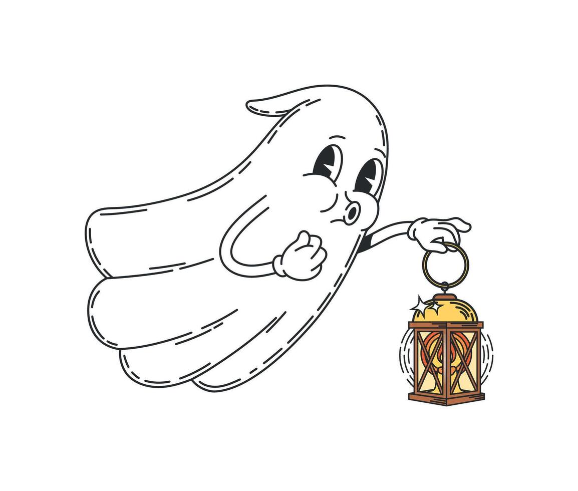 Cartoon groovy Halloween ghost boo with lantern vector