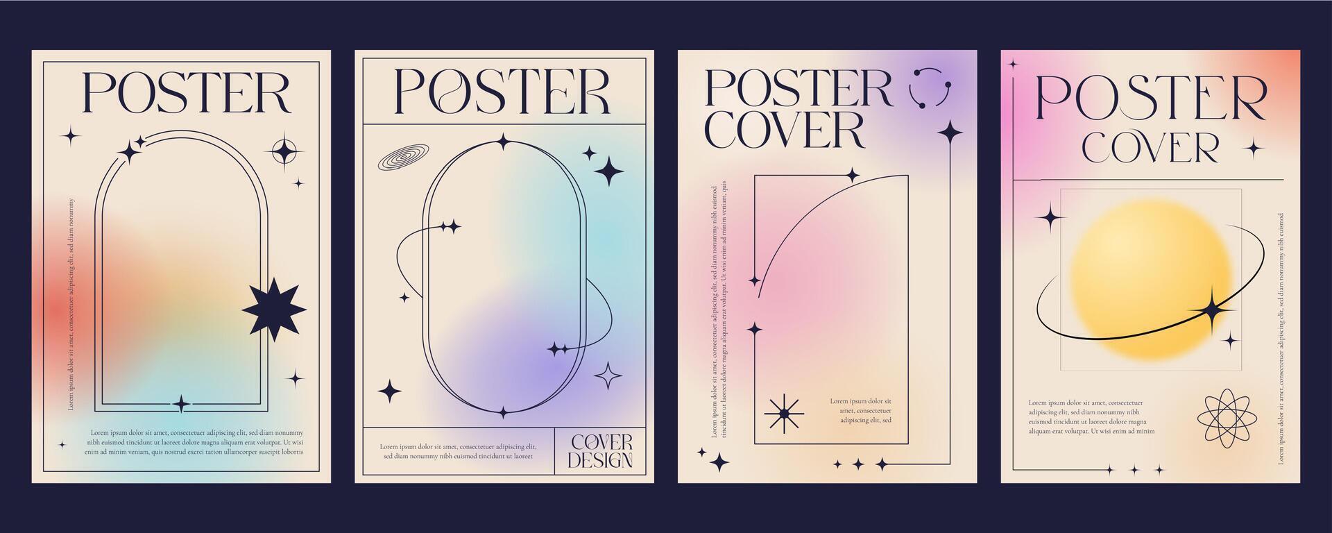 Aesthetic color gradient y2k posters, line shapes vector