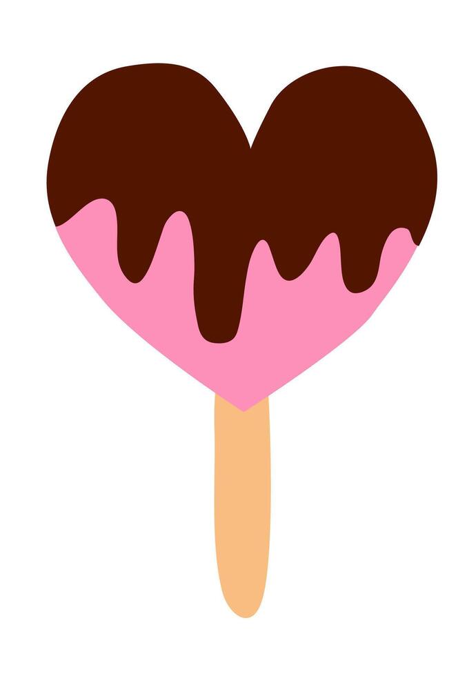 Ice cream with chocolate on stick, in shape of heart. Summer time sweet food. flat illustration. vector