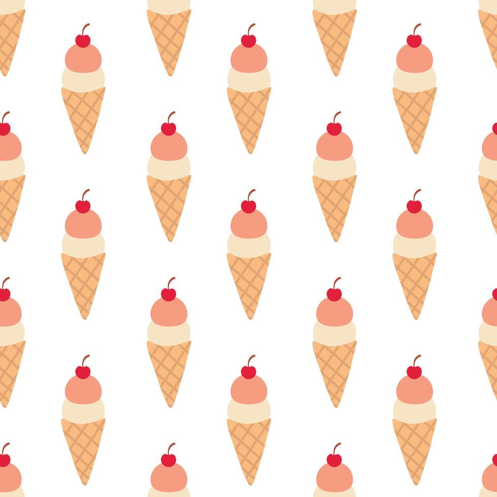 Seamless Pattern. Ice cream in waffle cone with cherry. Summer time sweet food background. flat illustration. vector
