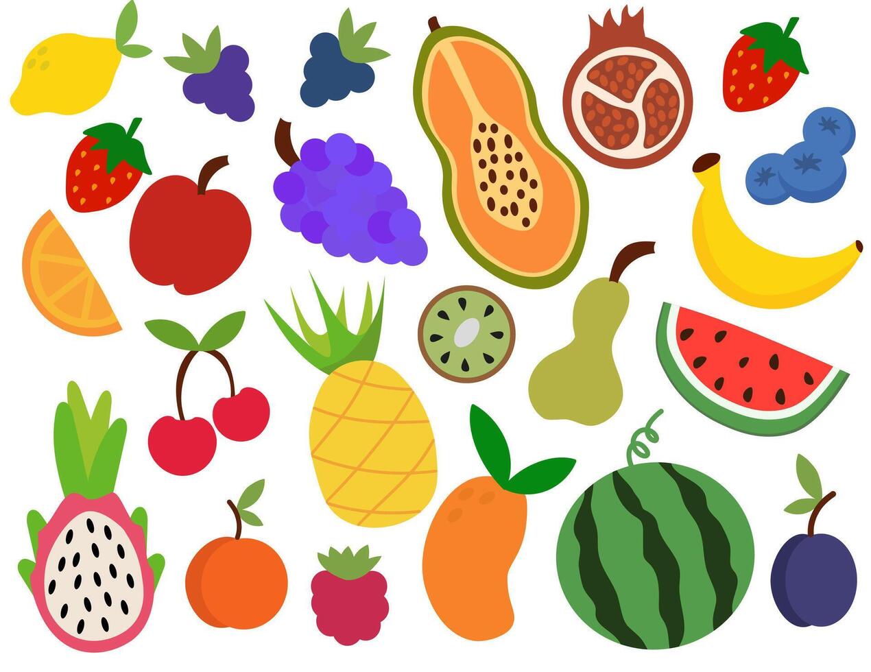 Set of fruits and berries. Concept of healthy food and products. Summer bright element for your design. Apple, pineapple, grape, papaya, dragon fruit, plum, watermelon. cartoon illustration. vector