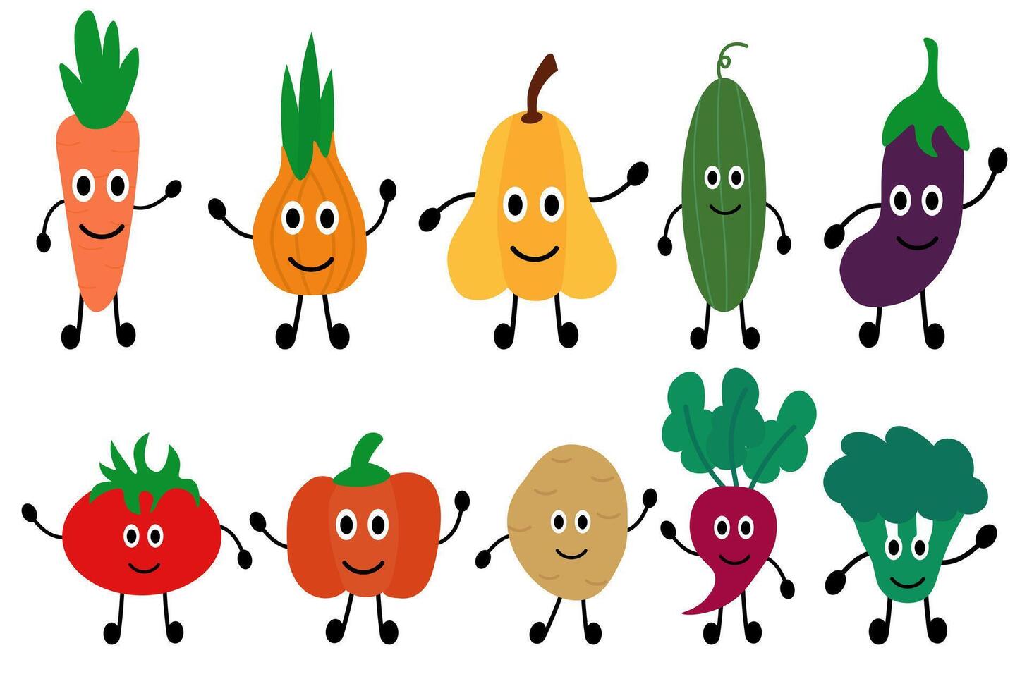 Set of funny vegetables. Concept of healthy food and products for kids. Summer element for your children design. Collection farm product. flat cartoon illustration. vector