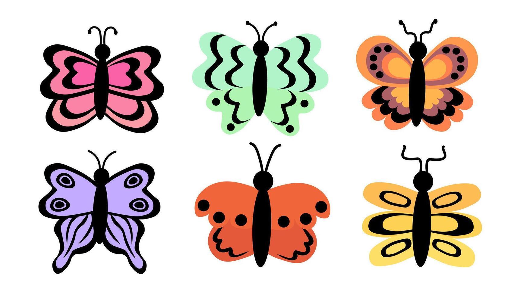 Butterflies set. Different abstract ornament design wings. Insect colorful collection. illustration isolated on white background. vector