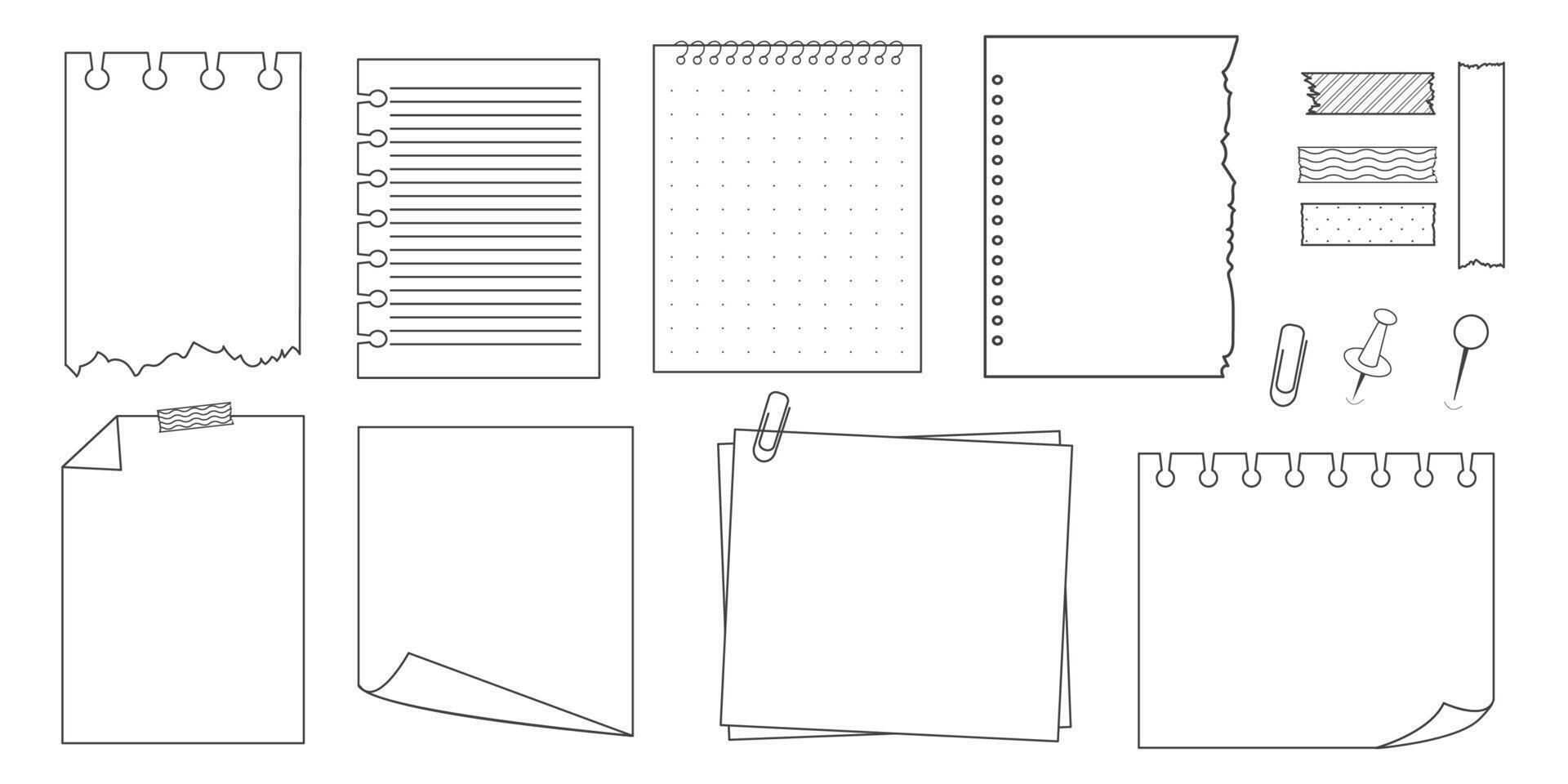 Memo sticky note reminder sheet paper. Doodle paper frame, check list with pin, tape, paperclip elements. Set cute notes, office or school messages. vector