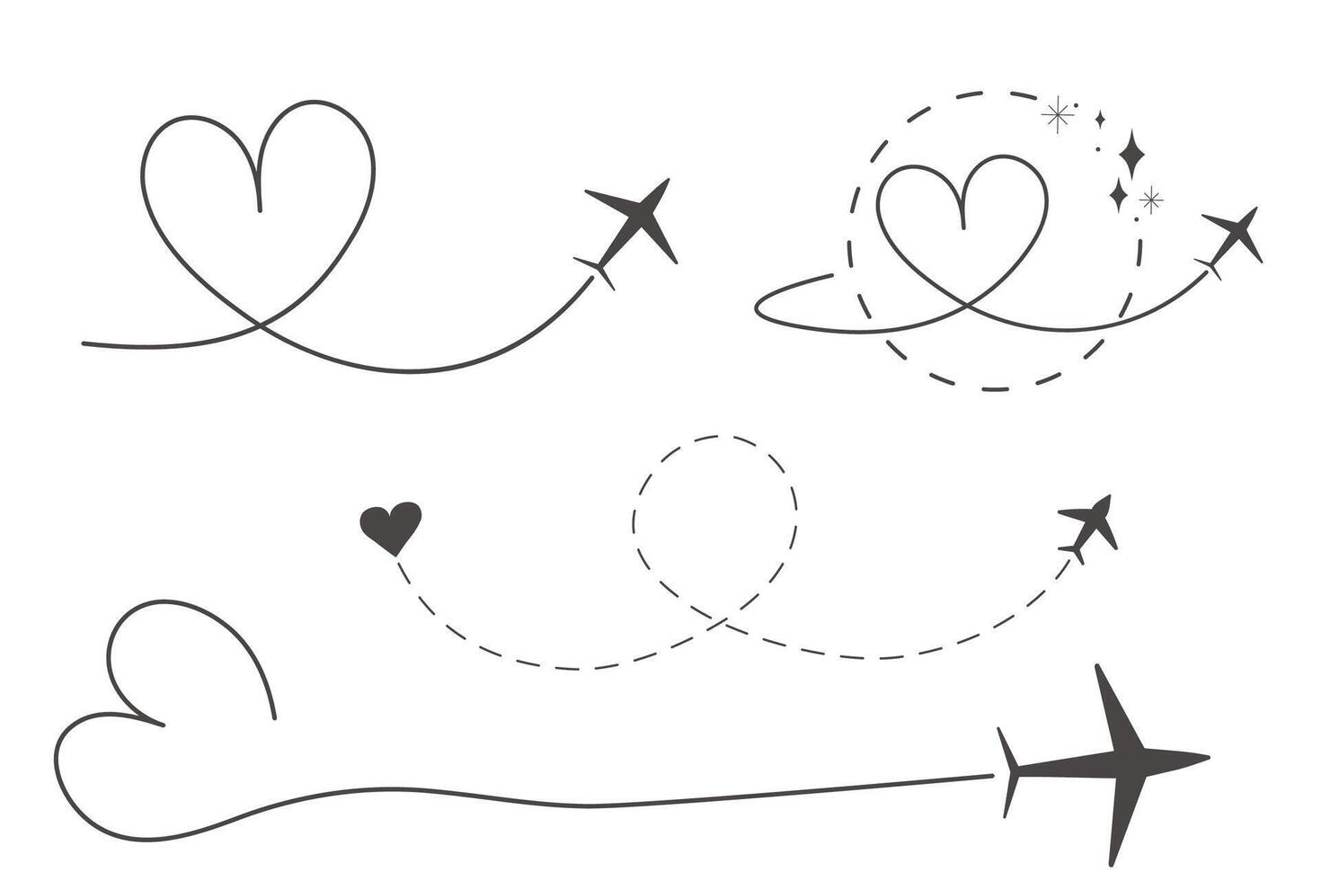 Itinerary dashed trace heart shape, line airplane flight, dotted path, romantic aircraft tracking simple minimal trip isolated on white background. Plan with start point. Tatoo. vector
