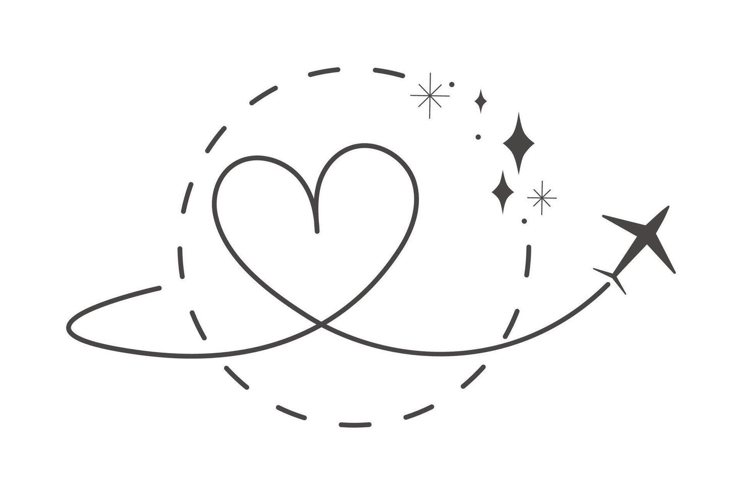 Itinerary dashed trace heart shape, line airplane flight, dotted path, romantic aircraft tracking simple minimal trip isolated on white background. Plan with start point. Tatoo. vector