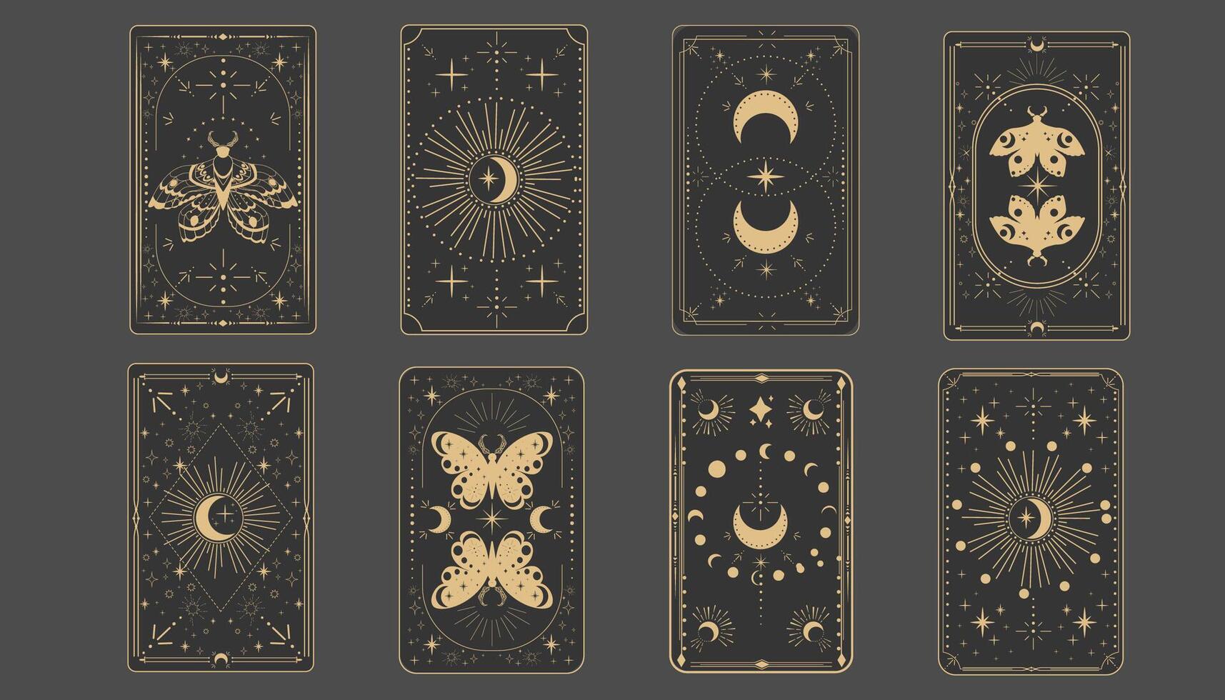 Tarot reverce border magic sacred cover card frame gold line border celelstial mystery esoteric decoration with moth stars and moon on dark background vector