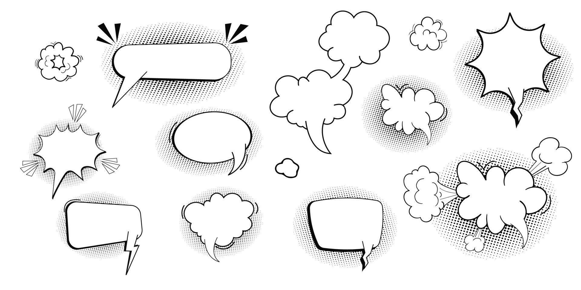 Comic speech bubble cloud with halftone, empty frame for text, boom or pow sound effects in pop art style. Set dialog balloons. vector