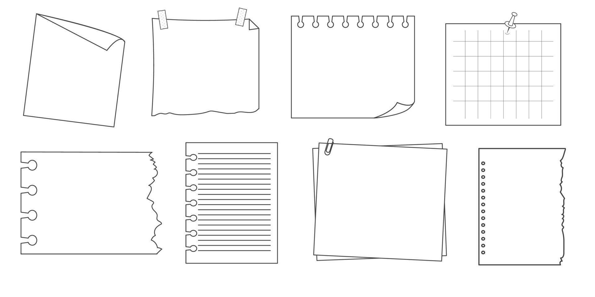 Memo sticky note reminder sheet paper. Doodle paper frame, check list with pin, tape, paperclip elements. Set cute notes, office or school messages. vector