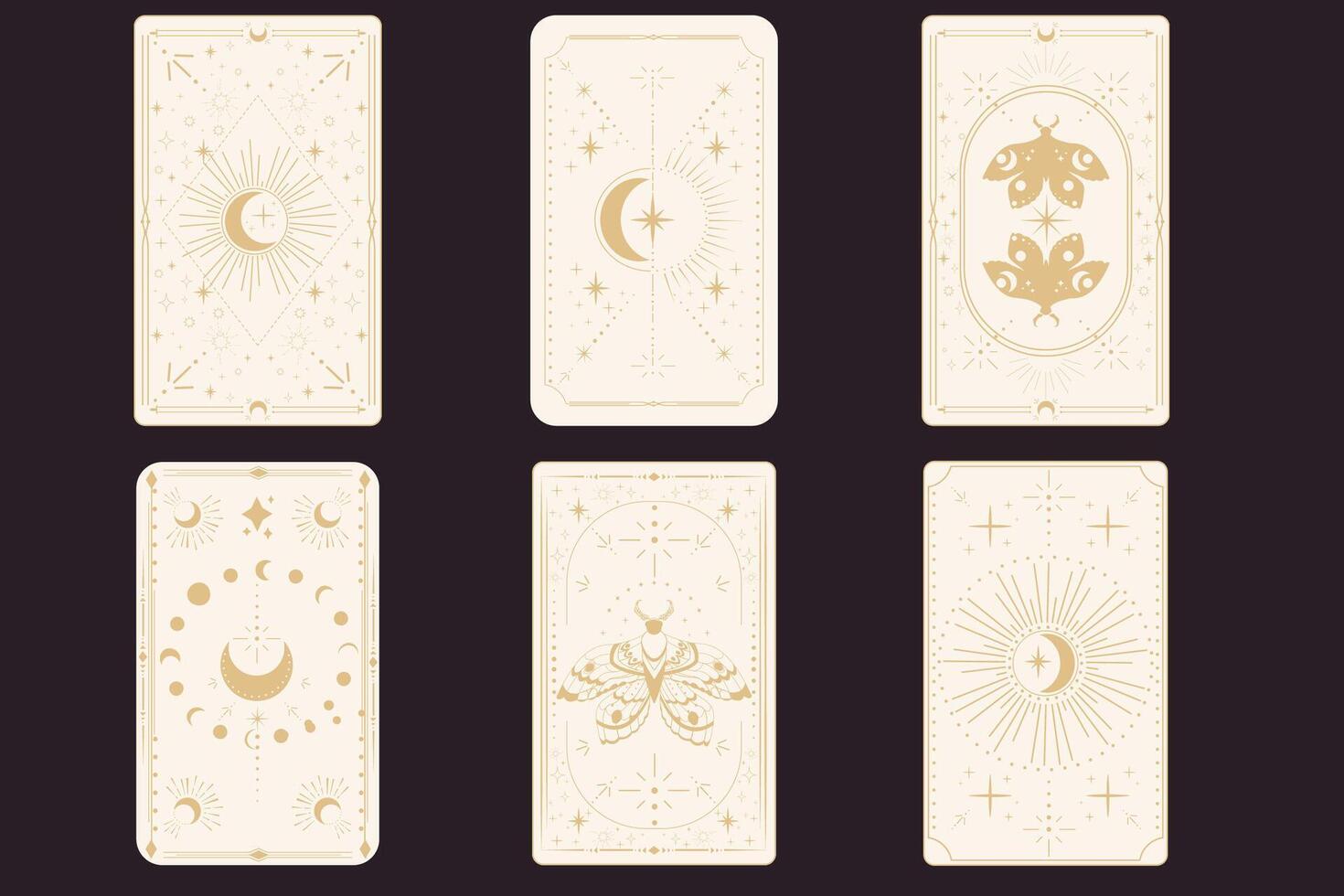 Tarot reverce border magic sacred cover card frame gold line border celelstial mystery esoteric decoration with moth stars and moon on dark background. vector