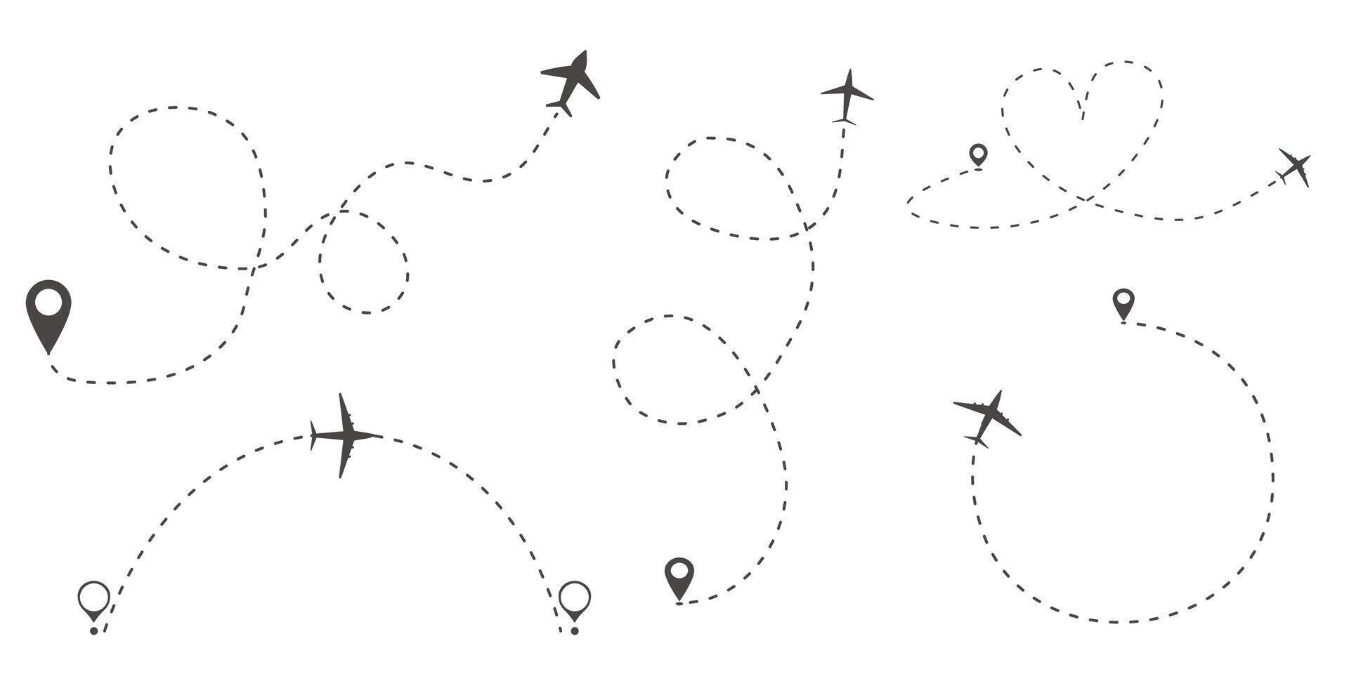 Itinerary dashed trace heart shape, line airplane flight, dotted path, romantic aircraft tracking simple minimal trip isolated on white background. Plan with start point. Tatoo. vector