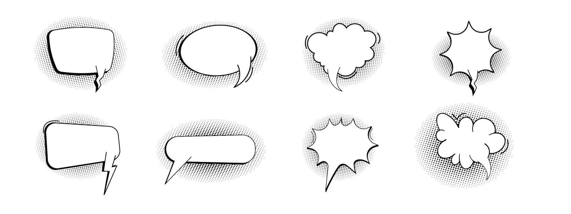 Comic speech bubble cloud with halftone, empty frame for text, boom or pow sound effects in pop art style. Set dialog balloons. vector