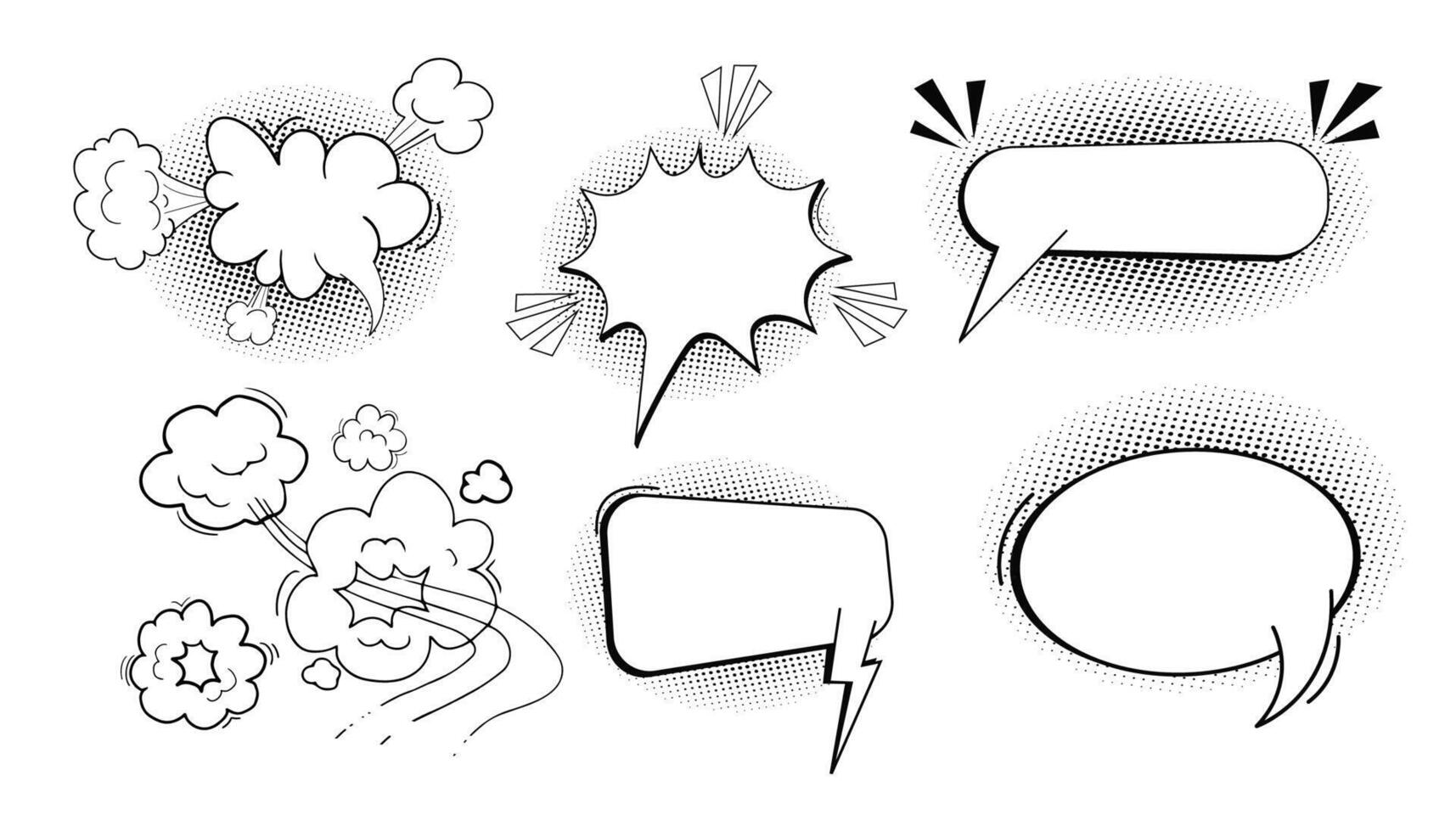 Comic speech bubble cloud with halftone, empty frame for text, boom or pow sound effects in pop art style. Set dialog balloons. vector