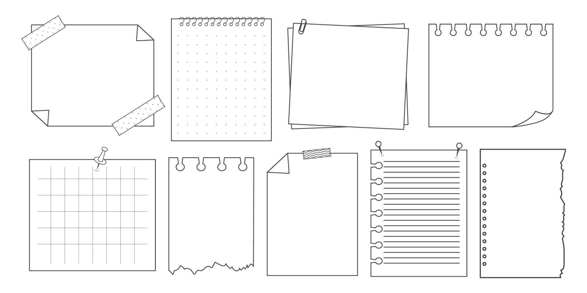 Memo sticky note reminder sheet paper. Doodle paper frame, check list with pin, tape, paperclip elements. Set cute notes, office or school messages. vector