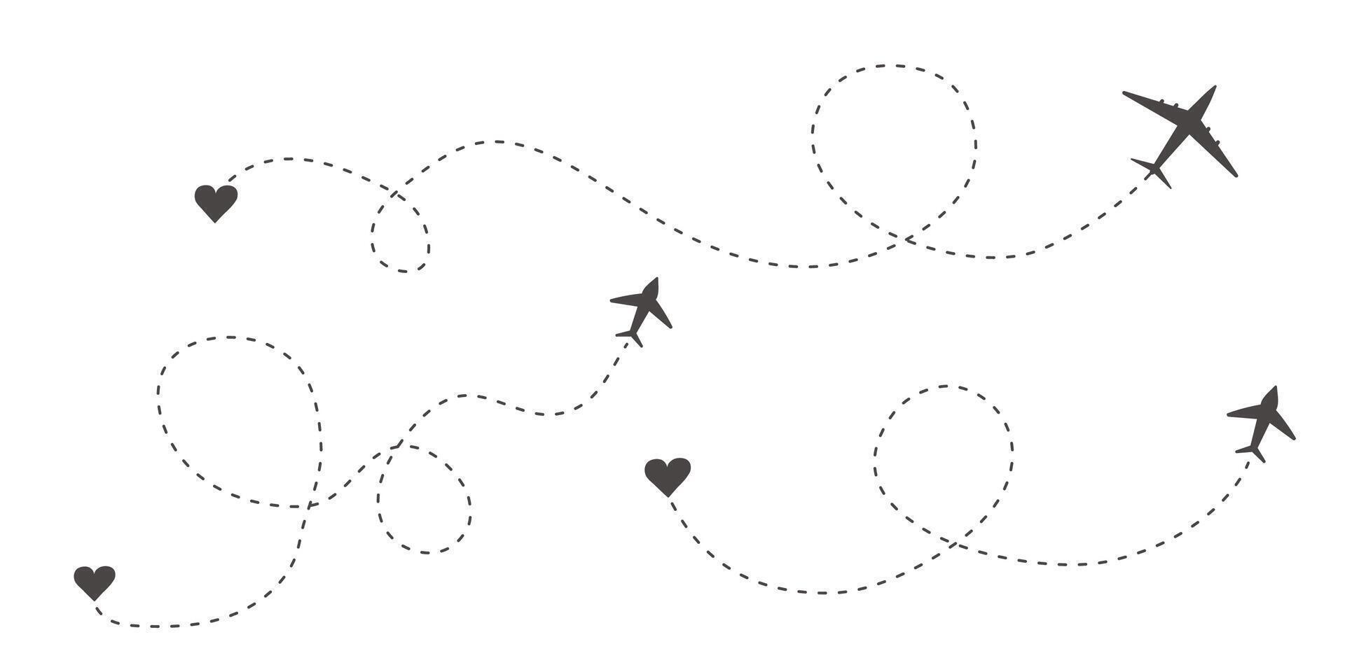Itinerary dashed trace heart shape, line airplane flight, dotted path, romantic aircraft tracking simple minimal trip isolated on white background. Plan with start point. Tatoo. vector