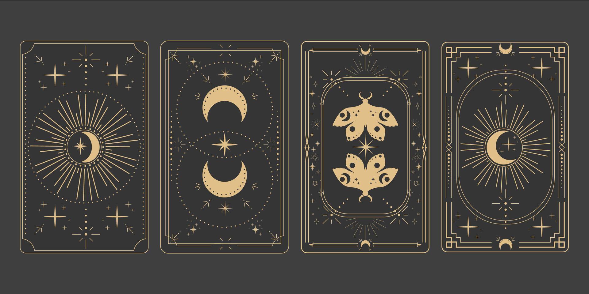 Tarot reverce border magic sacred cover card frame gold line border celelstial mystery esoteric decoration with moth stars and moon on dark background vector