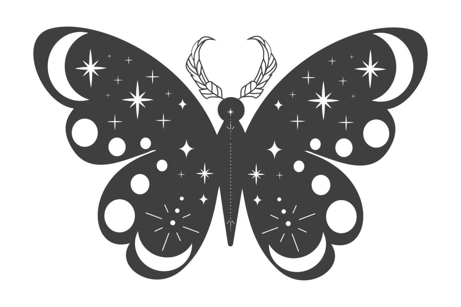 Magic sacred decoration esoteric tattoo moth or butterfly dark line, border celelstial mystery esoteric decoration with moth or butterfly, sun, stars and moon on white background. vector