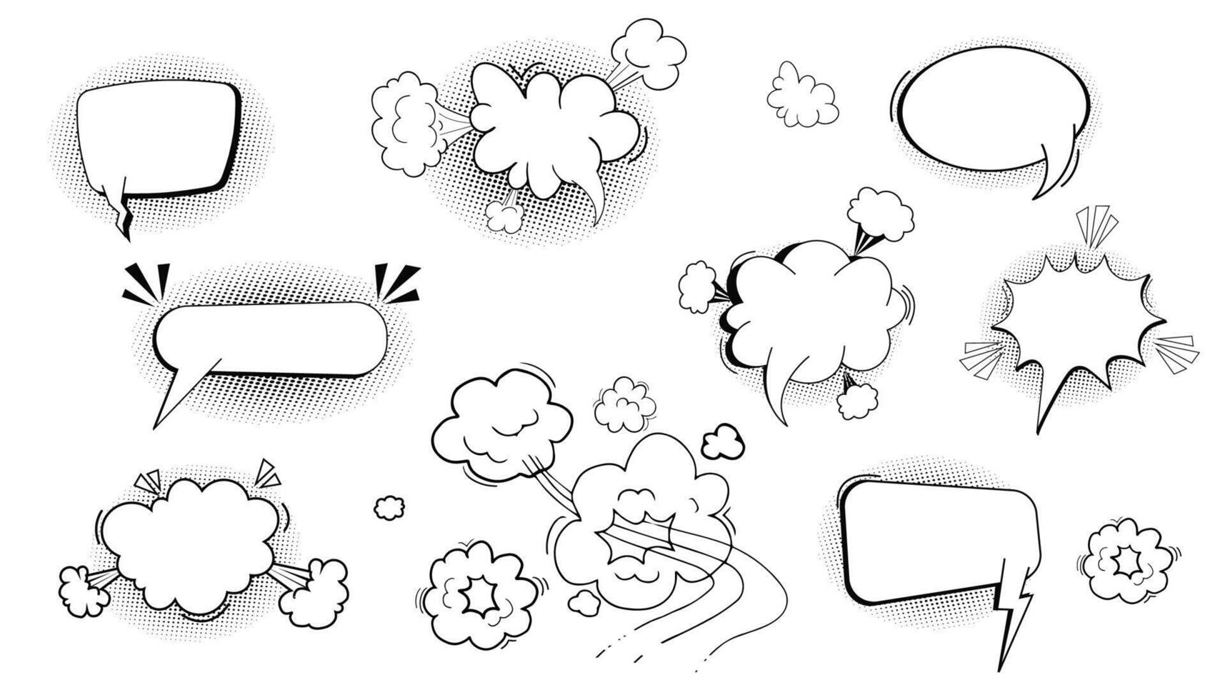 Comic speech bubble cloud with halftone, empty frame for text, boom or pow sound effects in pop art style. Set dialog balloons. vector