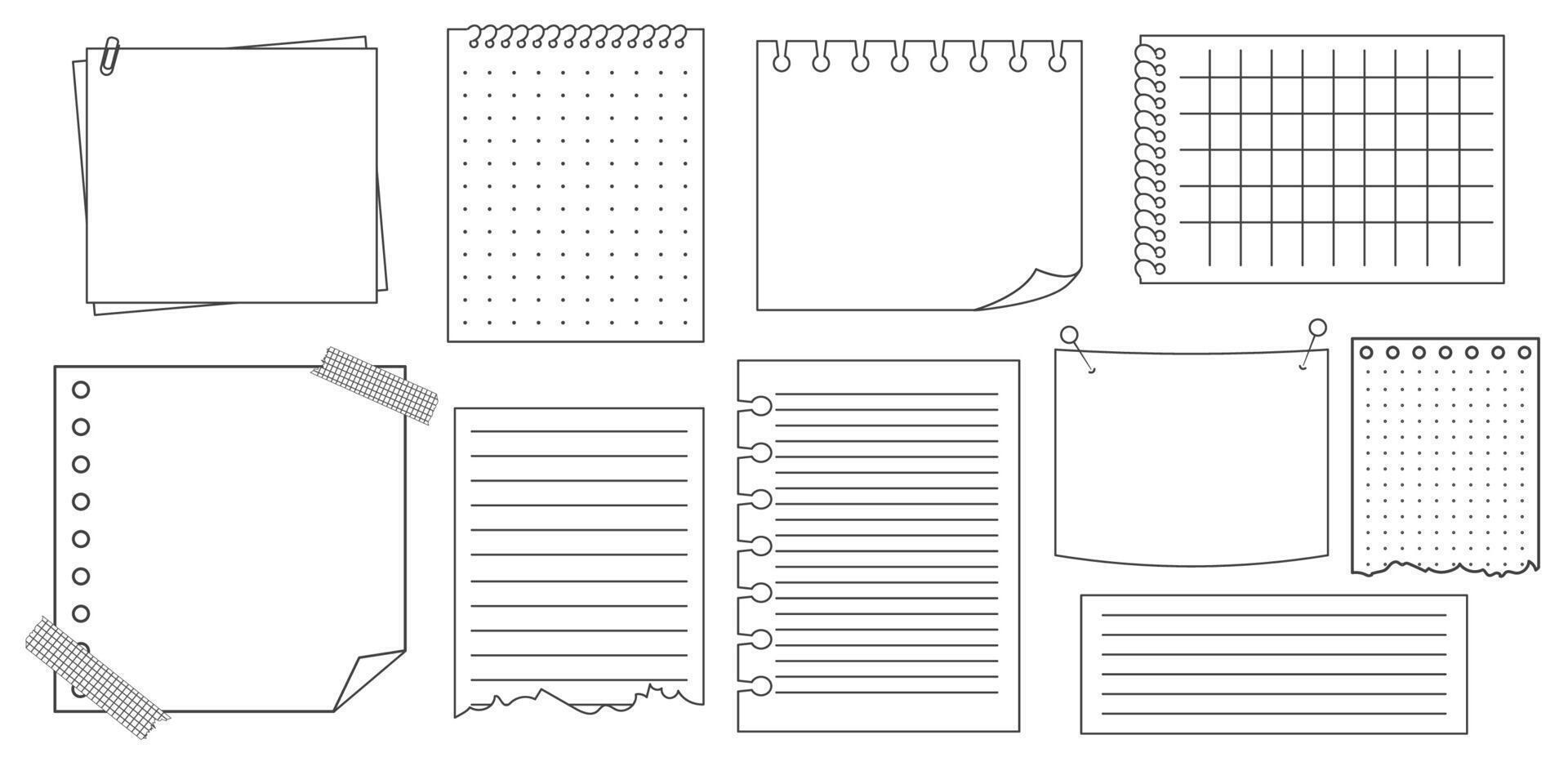 Memo sticky note reminder sheet paper. Doodle paper frame, check list with pin, tape, paperclip elements. Set cute notes, office or school messages. vector