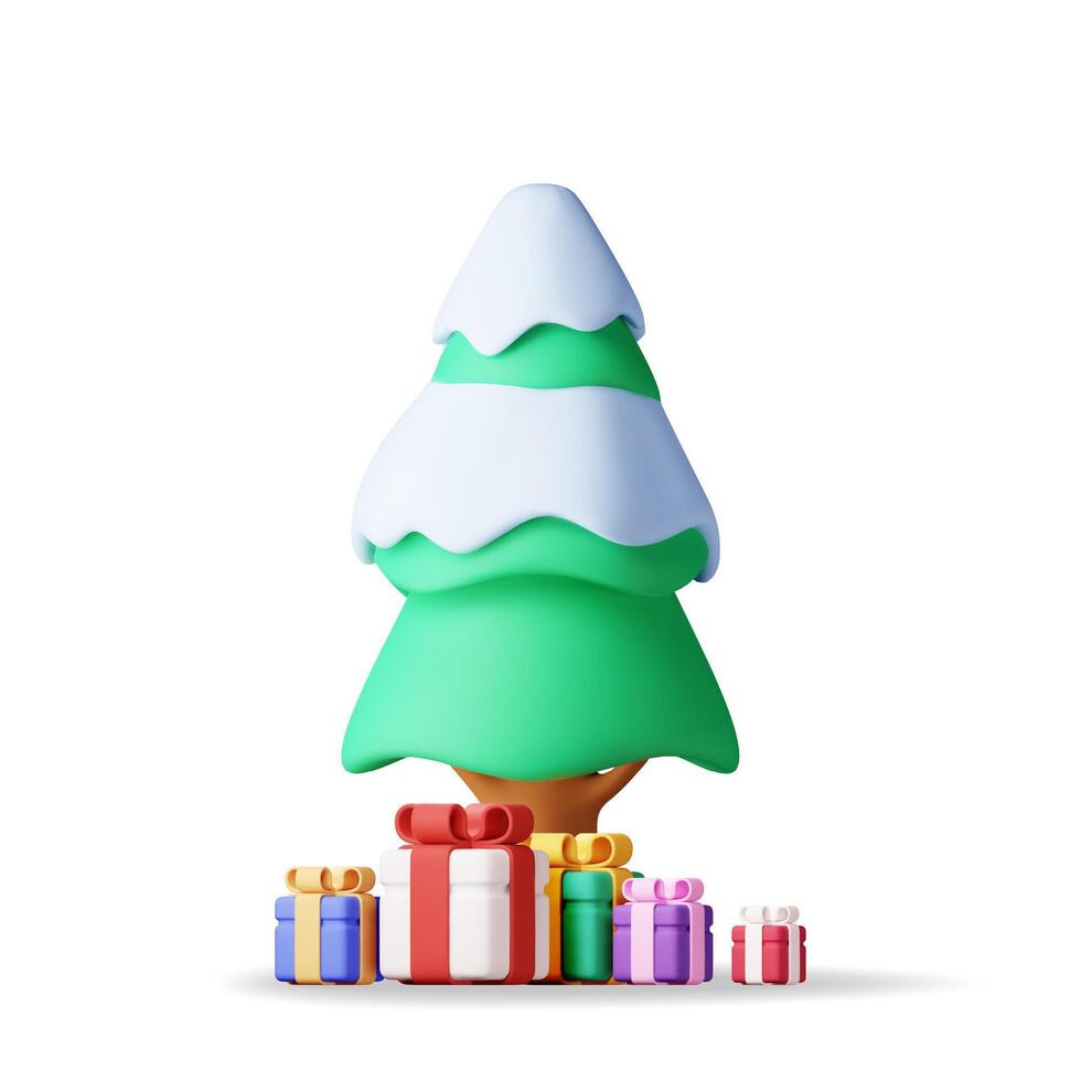 3D Christmas tree decorated with gift boxes isolated. Render spruce, evergreen tree and pile of gift boxes. Greeting card, festive poster, party invitations. New year and xmas. vector
