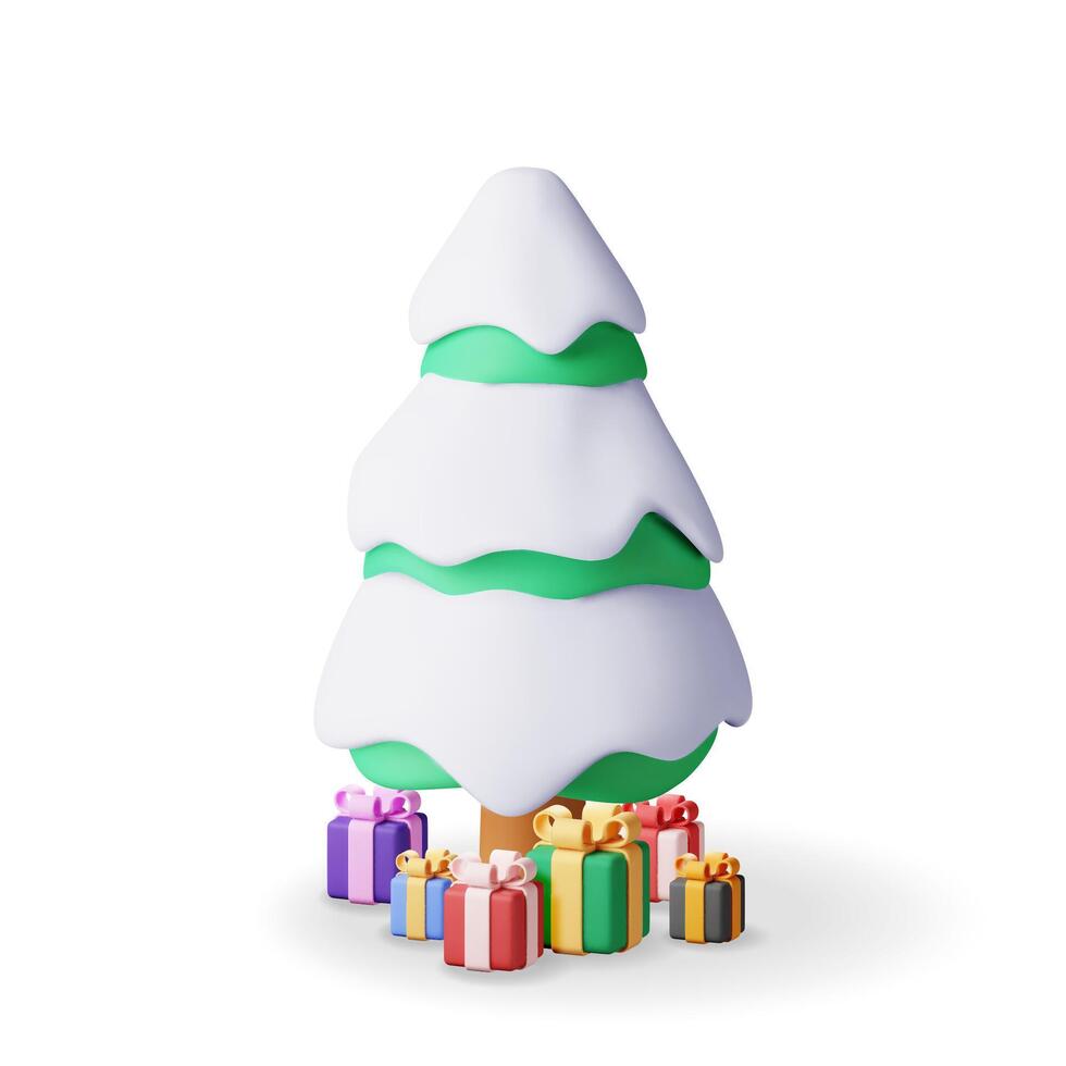 3D Christmas tree decorated with gift boxes isolated. Render spruce, evergreen tree and pile of gift boxes. Greeting card, festive poster, party invitations. New year and xmas. vector