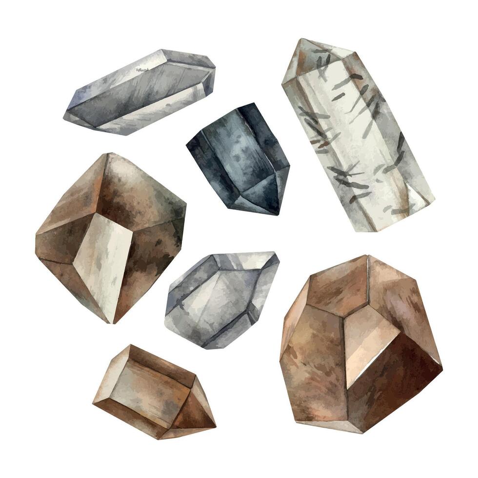 A set of crystals in black, gray and brown. Watercolor set in mystical style, hand drawn. For design and decorations, cards and invitations for Halloween, alchemy, mysticism, witchcraft. vector