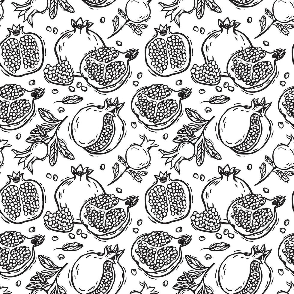 Pomegranate branches with leaves. seamless pattern in linocut style. Suitable for use in textile design, wallpaper, kitchen decor and wrapping paper. Black and white lines for coloring vector