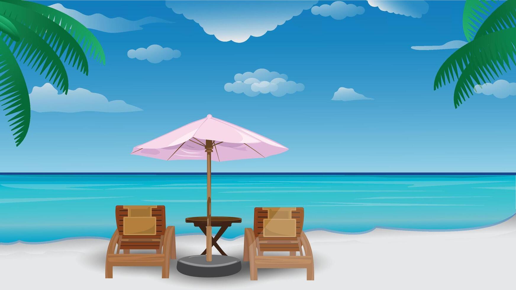 Summer Vacation Beach. sunny Beach and ocean scenery for vacations and summer getaways. Summer feeling tropical sea beach, umbrella, coconut tree seascape background wallpaper illustration. vector